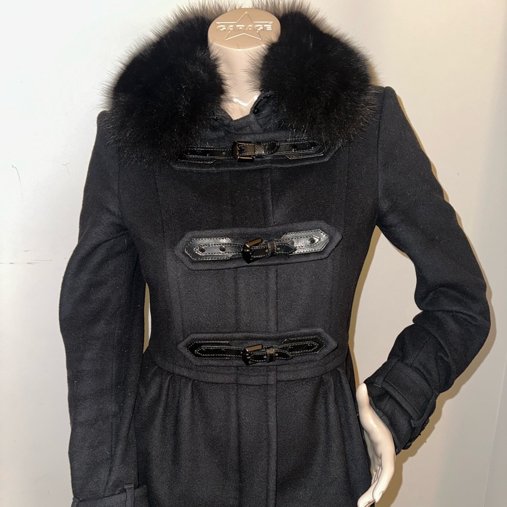 BURBERRY LONDON BLACK VIRGIN WOOL/CASHMERE FOX FUR COLLAR DUFFLE COAT SIZE 8